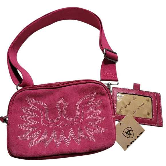 Ariat Hot Pink Belt Bag Genuine Leather with Embroidered Design - Picture 2 of 15